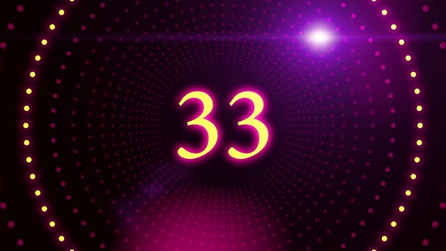 Festive Celebration Red Purple Yellow Glowing Light Happy 33th Anniversary Text Reveal Neon Led Circle Dot Tunnel Frame with Lens Flare Light Background