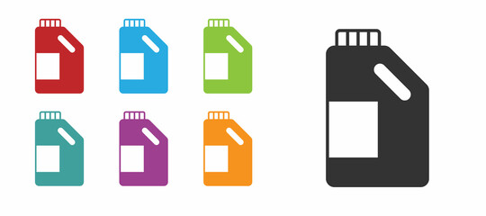 Black Plastic bottle for laundry detergent, bleach, dishwashing liquid or another cleaning agent icon isolated on white background. Set icons colorful. Vector