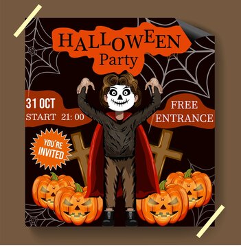 Halloween. Fancy dress holiday invitation poster. Banner. The guy is a vampire. Pumpkins. Ghosts. Spirits. Stock illustration. Spider web and spider. Free entry. October 31.