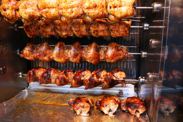 Fried chicken. Roasted whole chicken in wood fire, which is one of the street foods of Turkish cuisine.