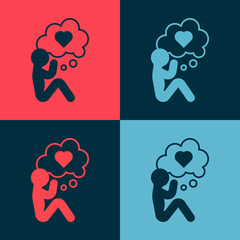 Pop art Human head with heart icon isolated on color background. Love concept with human head. Vector