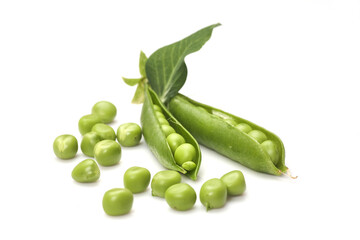 Pods of green peas with leaves isolated on white background