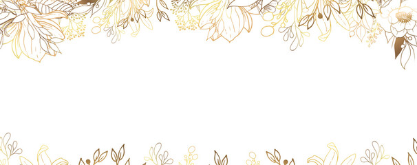 Luxurious golden wallpaper. Floral frame. White background and beautiful golden leaves on top of the illustration. Magnolia flowers with a shiny light texture. Vector illustration.