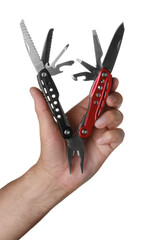 Man holding multitool on white background, closeup