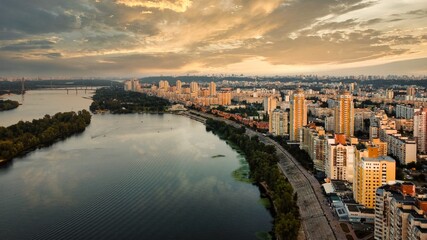 Fototapeta premium Aerial drone view of Kyiv, Ukraine at sunset
