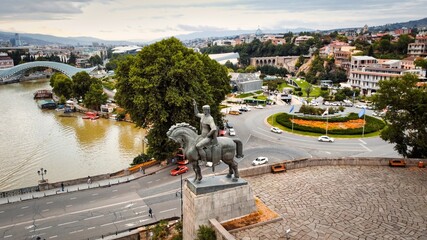 Aerial drone view of Vakhtang Gorgasali Statue in Tbilisi, Georgia © frimufilms