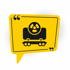 Black Radioactive cargo train wagon icon isolated on white background. Freight car. Railroad transportation. Yellow speech bubble symbol. Vector