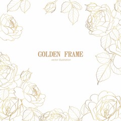 Golden Roses flowers Background Illustration. Garden line flowers frame.  Exotic hawaiian jungle, summer time border frame. 