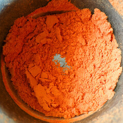red ground pepper in a chopper. top view. cooking spices at home