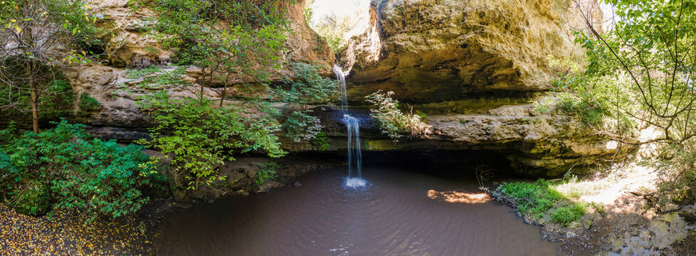 Drone panorama view of a waterfall in Tipova, Moldova