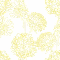 Schilderijen op glas Seamless repeating pattern with hand drawn chrysanthemum aster flowers in yellow line on white. Decorative print for wallpaper, wrapping, textile, fabric, greetings. © Виктор Фесюк