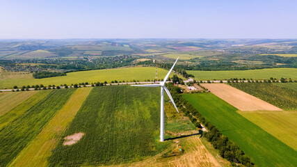 Aerial drone view of wind turbine in Moldova