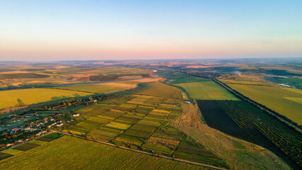 Aerial drone panorama view of nature in Moldova at sunset