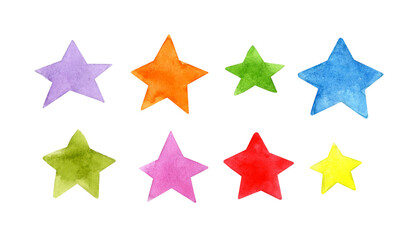 Watercolor illustrations of celestial bodies. Multicolored hand-drawn doodle stars. Template for a space banner or poster. Elements of cosmonautics. Children's drawings. Isolated on white background.