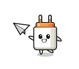 power adapter cartoon character throwing paper airplane
