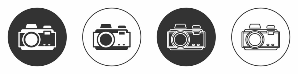 Black Photo camera icon isolated on white background. Foto camera. Digital photography. Circle button. Vector