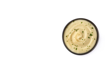 Mashed potatoes in a bowl isolated on white background. Copy space	