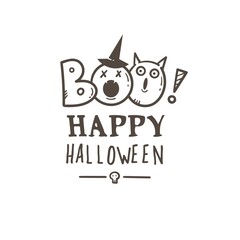 Halloween card with cute cartoon monsters. Holiday poster with spooky characters. Vector contour doodle letters.