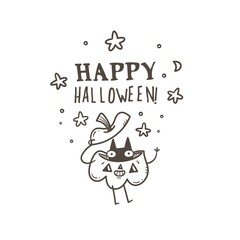 Fototapeta na wymiar Doodle card with cute cartoon cat and pumpkin. Fabulous fictional characters. Halloween cartoon poster. Vector contour image.