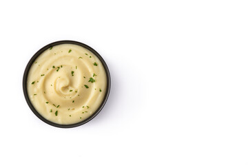 Mashed potatoes in a bowl isolated on white background. Copy space	