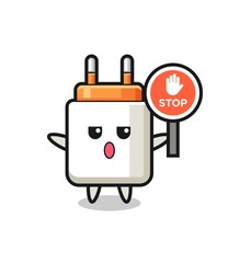 power adapter character illustration holding a stop sign