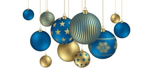 Hanging gold and blue Christmas balls banner - Christmas and happy new year design