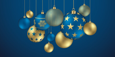 Hanging gold and blue Christmas balls banner - Christmas and happy new year design