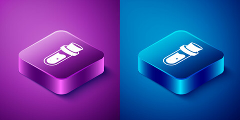 Isometric Bottle with potion icon isolated on blue and purple background. Flask with magic potion. Happy Halloween party. Square button. Vector