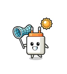 power adapter mascot illustration is catching butterfly