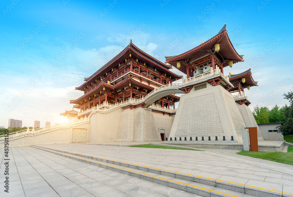 Sticker The Ziyun Tower was built in 727 AD and is the main building of the Datang Furong Garden, Xi'an, China.