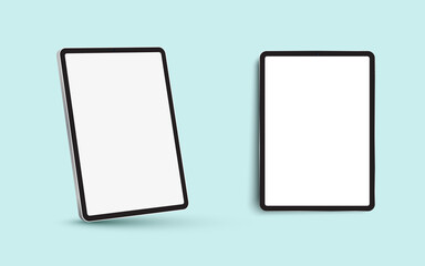 Black 3D realistic tablet PC mockup frame with different angles blank screen.