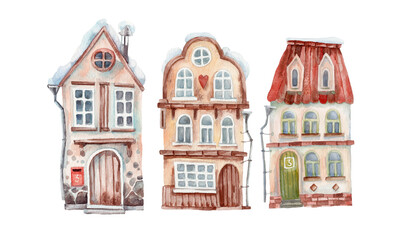 Naklejka premium A set of Christmas watercolor houses. Christmas card with watercolor decorations. 