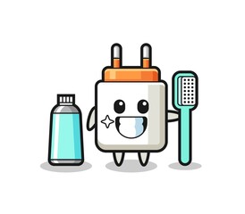 Mascot Illustration of power adapter with a toothbrush