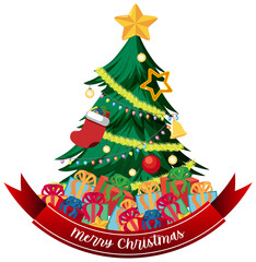 Merry Christmas text banner with Christmas tree and decorations