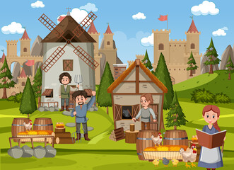 Fototapeta premium Medieval town scene with villagers