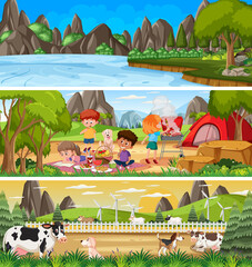 Set of different nature landscape at daytime scene with cartoon character