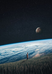 Man looking at the earth and the universe