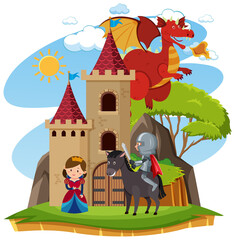 Prince and princess at the castle with dragon