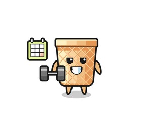 waffle cone mascot cartoon doing fitness with dumbbell