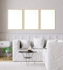Mockup poster in modern living room white interior background, 3D illustration. 3D render.