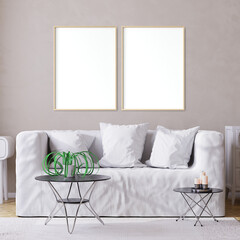 Mockup poster in modern living room white interior background, 3D illustration. 3D render.