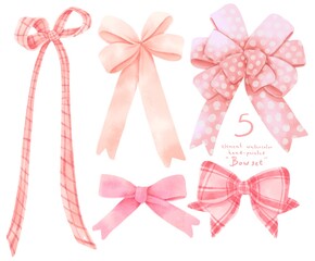 Set of Pink gift ribbon bow illustrations hand painted watercolor styles
