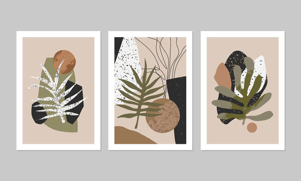 Set of abstract botanical illustrations in collage style. Great for interior decor, wall art, tote bag, t-shirt print.