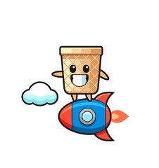 waffle cone mascot character riding a rocket