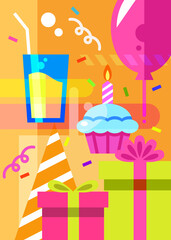 Happy Birthday poster with different attributions. Holiday postcard design in cartoon style.