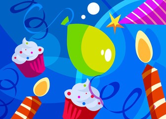 Happy Birthday banner with cakes and candles. Holiday postcard design in cartoon style.