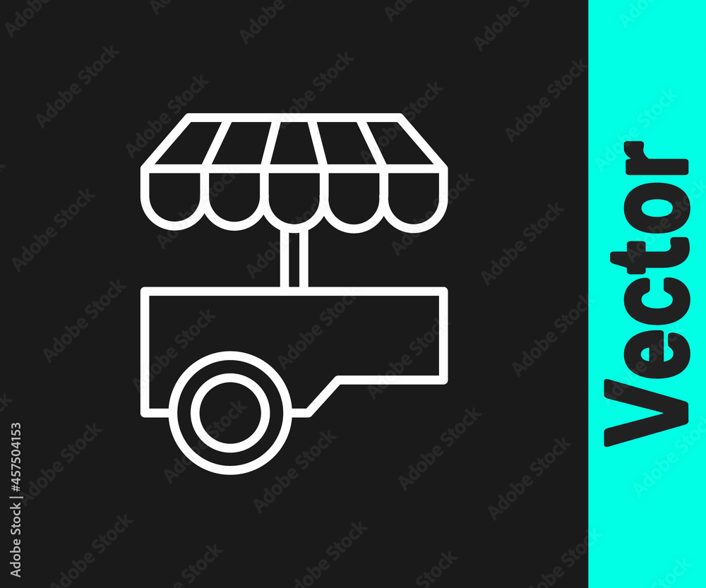 Sticker White line Fast street food cart with awning icon isolated on black background. Urban kiosk. Vector