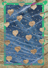 Drewniane tło z niebieskim wypełnieniem, zieloną ramką i sercami - obrazy, fototapety, plakaty