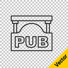 Black line Street signboard with inscription Pub icon isolated on transparent background. Suitable for advertisements bar, cafe, restaurant. Vector