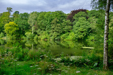 Beautiful landscape of trees foliage and the Fish Pond  in the area of the Harewood House Trust in West Yorkshire in the United Kingdom